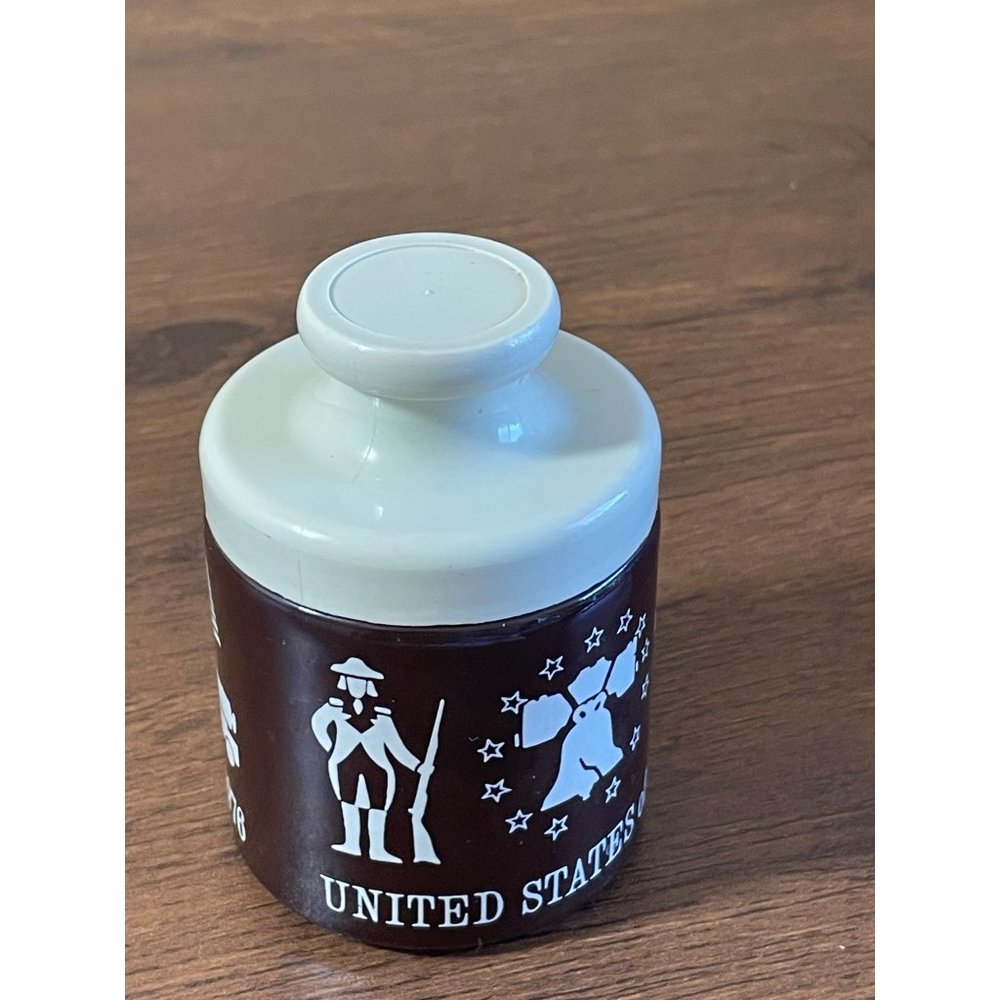 1776-1976 Bicentennial Lidded Mustard Crock Jar Brown Glass - Eagle Libe…